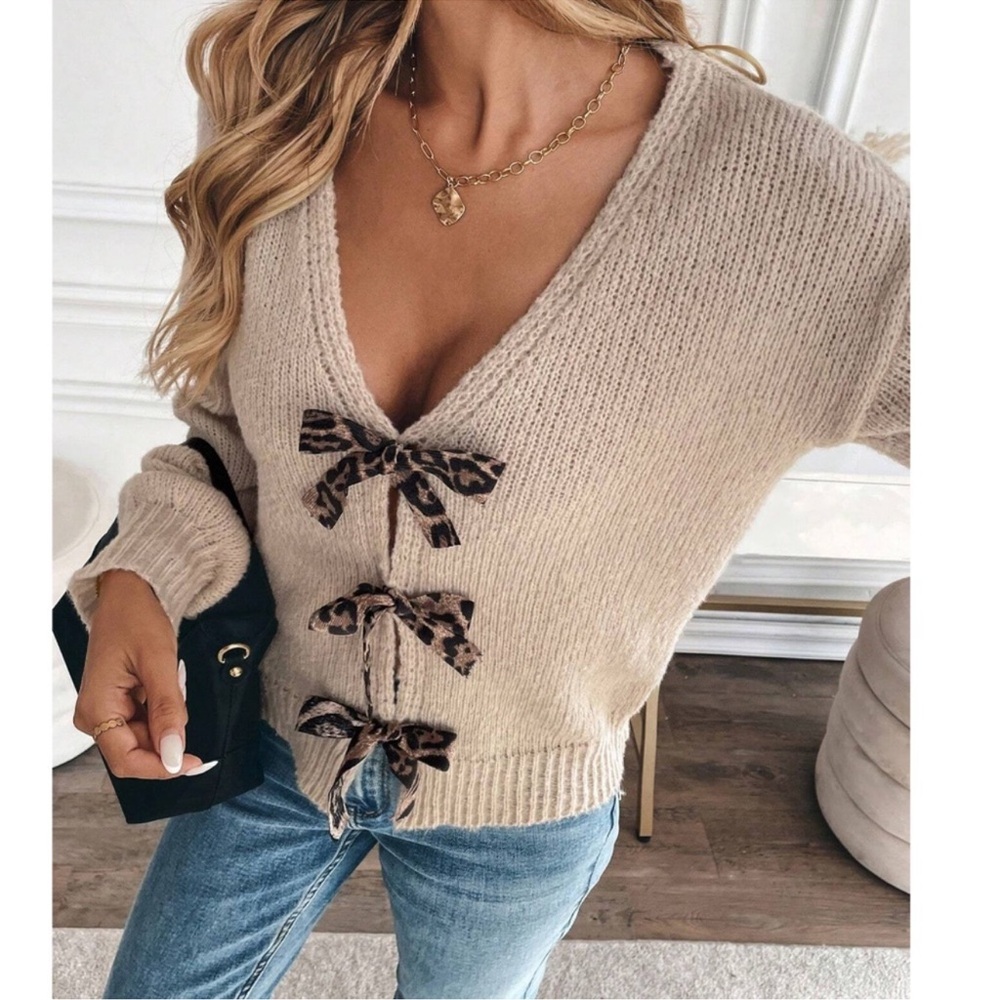 Cozy Khaki Bow Tie Loose Fit Cardigan Sweater S M L